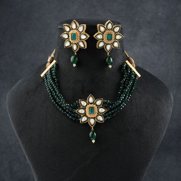 Naiyra- Stone studded hanging pearls Neckpiece set (Green)