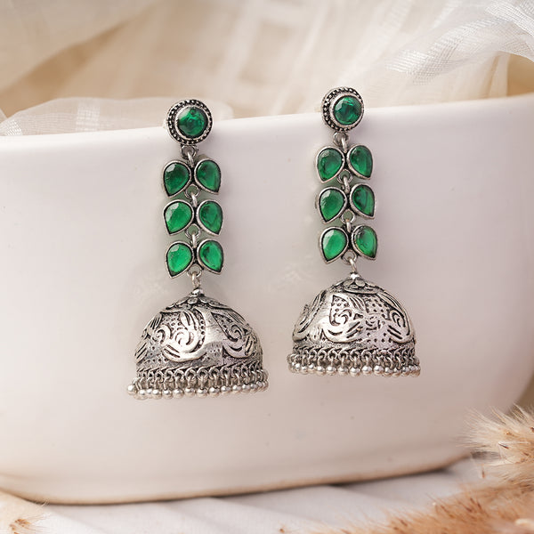 Green Stone Studded Silver Toned Jhumka