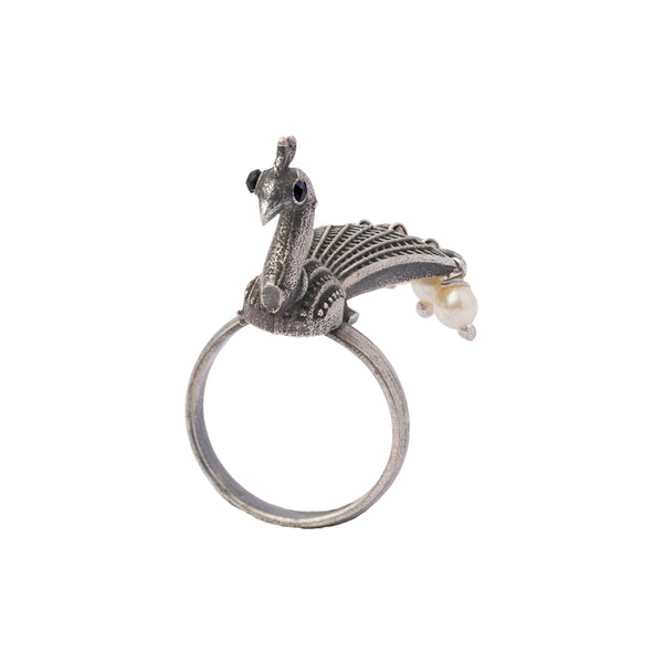 Peacock Brass Adjustable Ring With Hanging Pearls