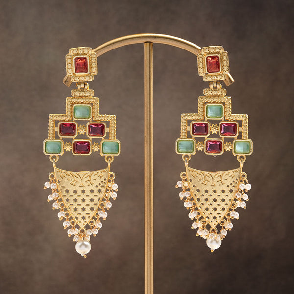 Arvya- Stone studded hanging pearls dangler earrings(Multicolor)