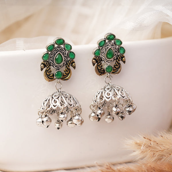 Kusumeyura- Silver Brass Stone Studded Jhumka Earrings(Green)