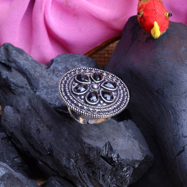 Black Stone studded Brass Adjustable Ring