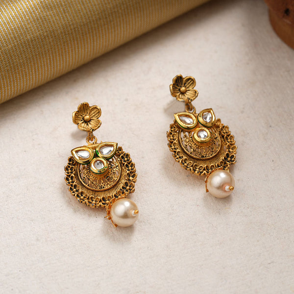 Tanirika- Stone Studded Hanging Pearl Dangler Earrings(White)
