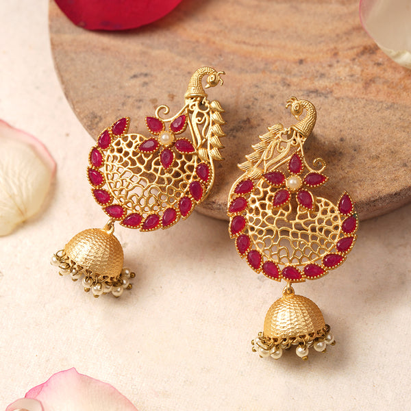 Peacock Motif Red stone studded Statement Danglers