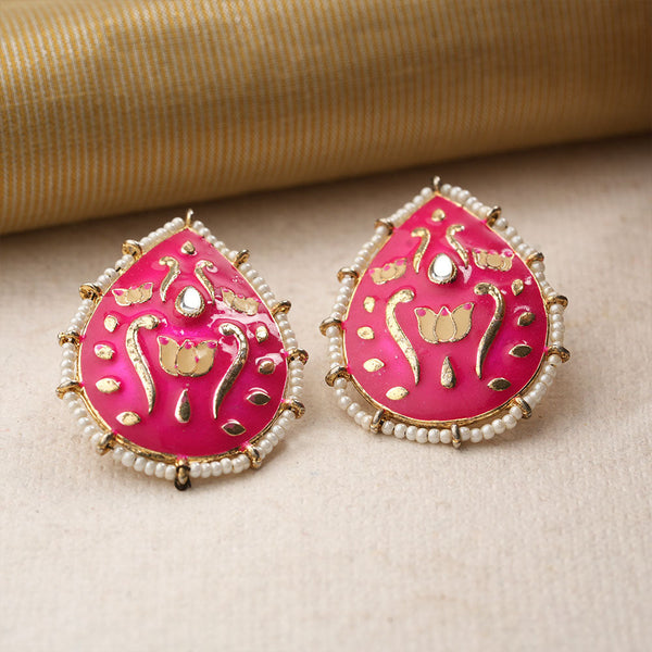 Alaya- Pearl Framed Drop Shaped Stud Earrings(Red)
