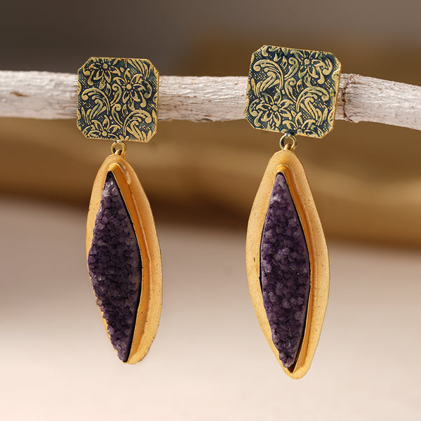 Unpolished natural stone embedded in Brass based gold diamond shape Earring