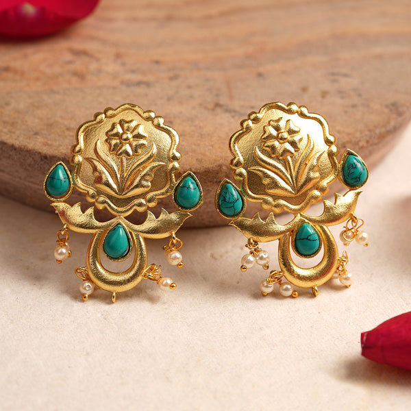 Ritika- Stone Studded Hanging Pearls Dangler Earrings(Green)