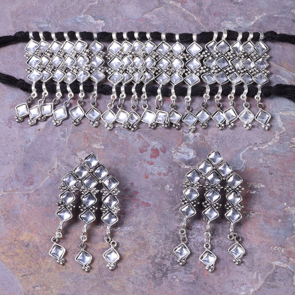 Mirror studded Brass Oxidised Neckpiece set