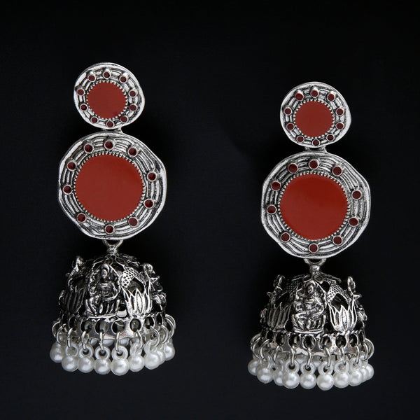 Lotus motif silver engraved red jhumki