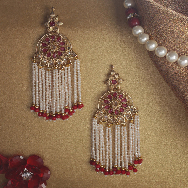 Golden and Red Earrings with Pearls jhalar