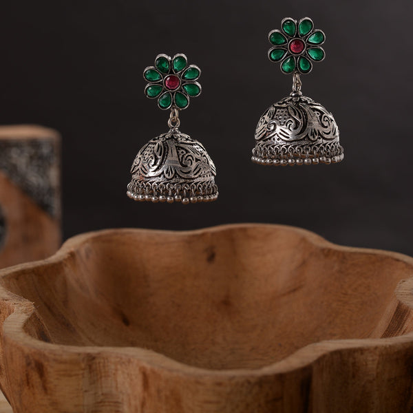 Green Stone Studded Silver Toned Jhumka