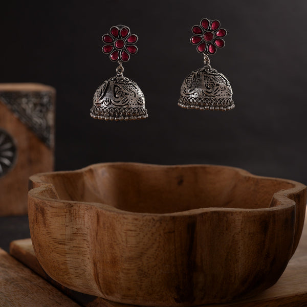 Red Stone Studded Silver Toned Jhumka