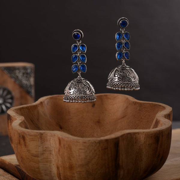 Blue Stone Studded Silver Toned Jhumka