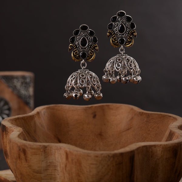 Black Stone Studded Silver Toned Jhumka