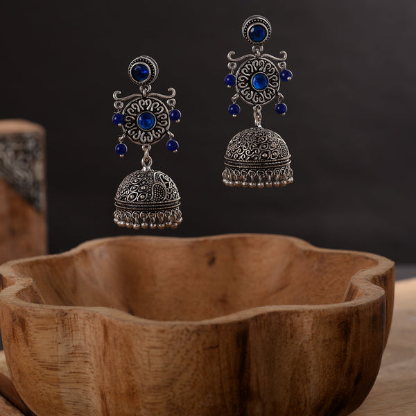 Blue Stone Studded Silver Toned Brass Jhumka