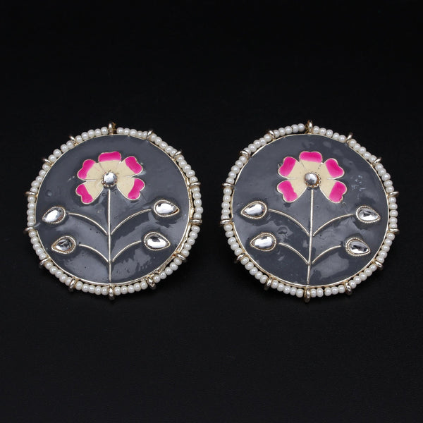 Floral meenakari grey button Earrings