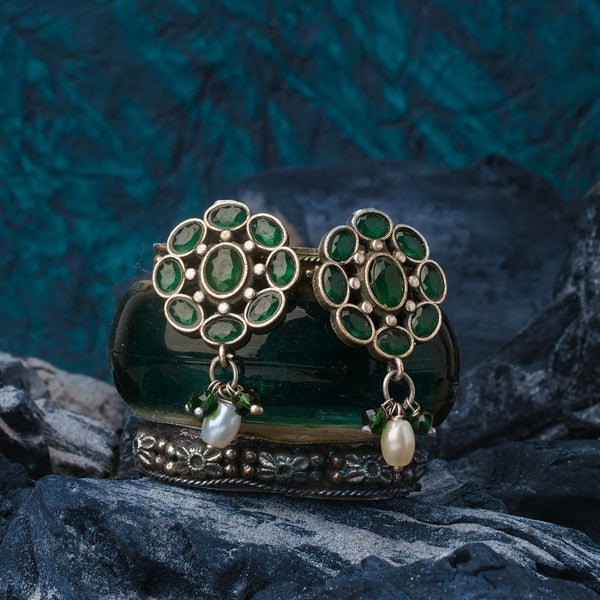 Brass Studs with Green Stone and Hanging Pearl