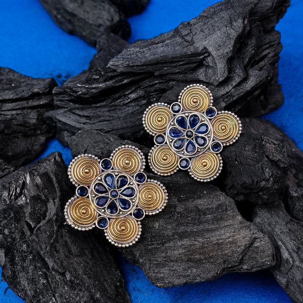 Blue Floral Brass Earrings