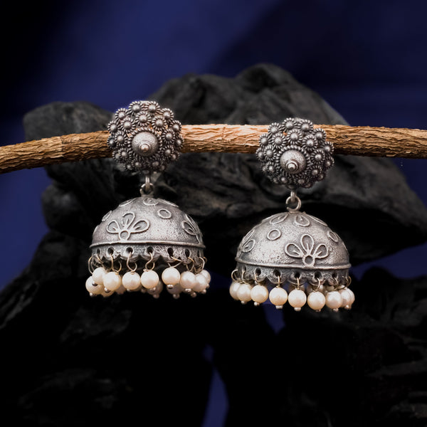 Dome Shaped Brass Earrings With Hanging Pearls