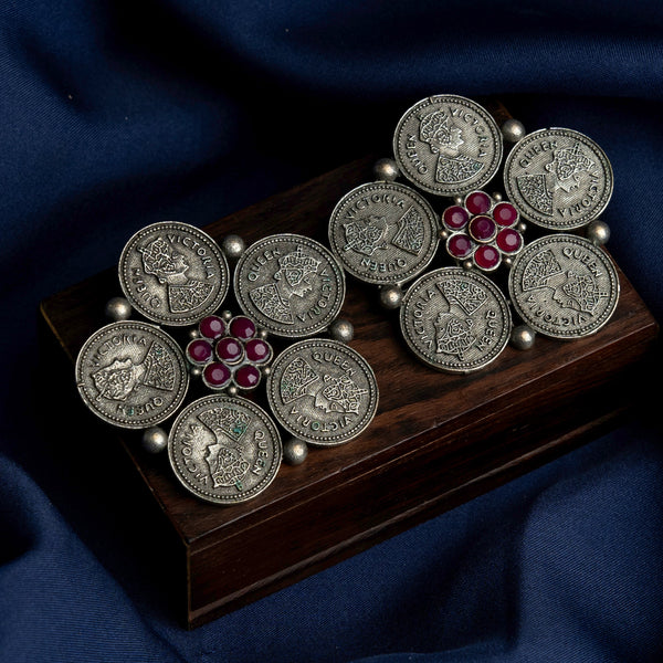 Antique Coin Red stone Silver Look studded Statement Studs