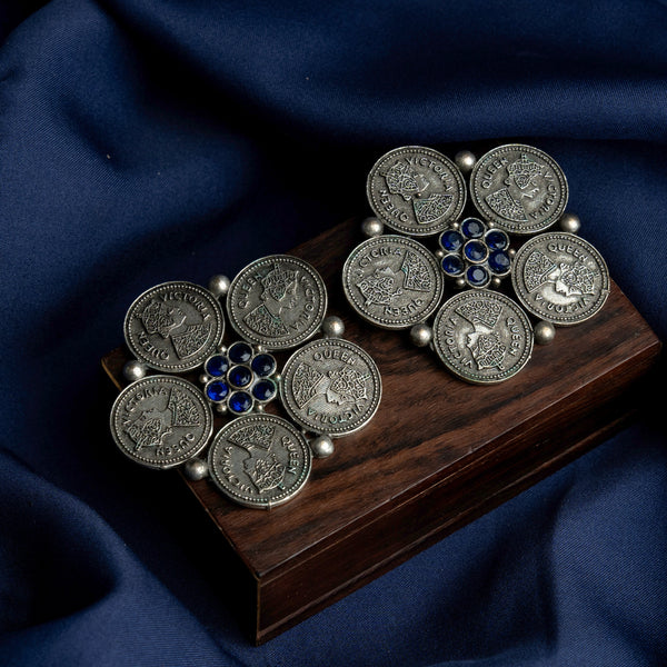 Antique Coin Blue stone Silver Look studded Statement Studs