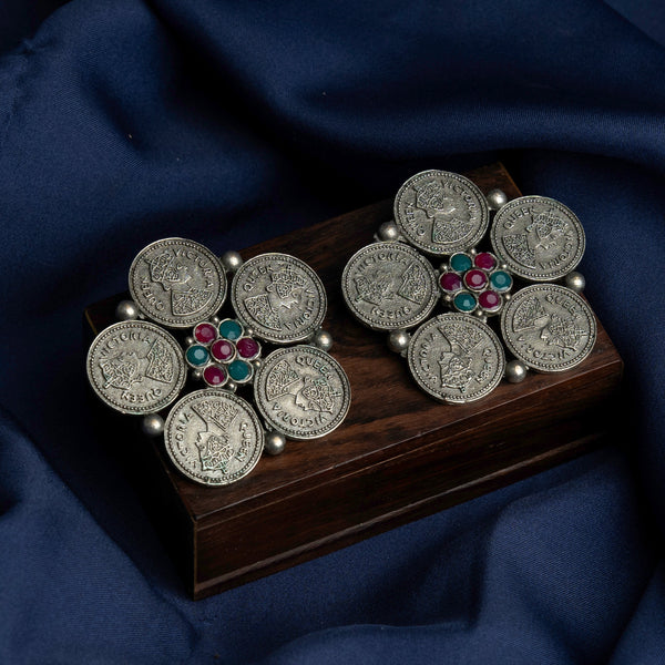 Antique Coin Multicolored stone Silver Look studded Statement Studs