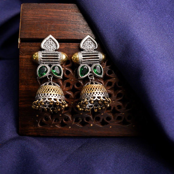 Rupali- Silver Brass Stone studdes Oxidised dangler earrings(Green)