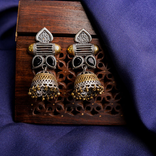 Rupali- Silver Brass Stone studdes Oxidised dangler earrings(Back)