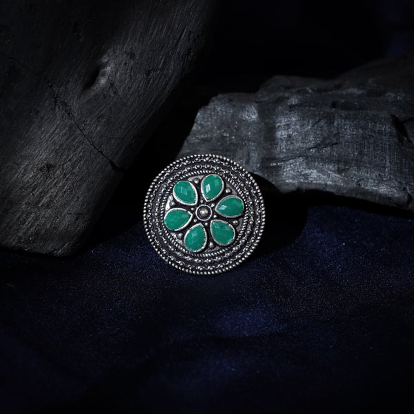 Green Stone Studded Brass Adjustable Ring