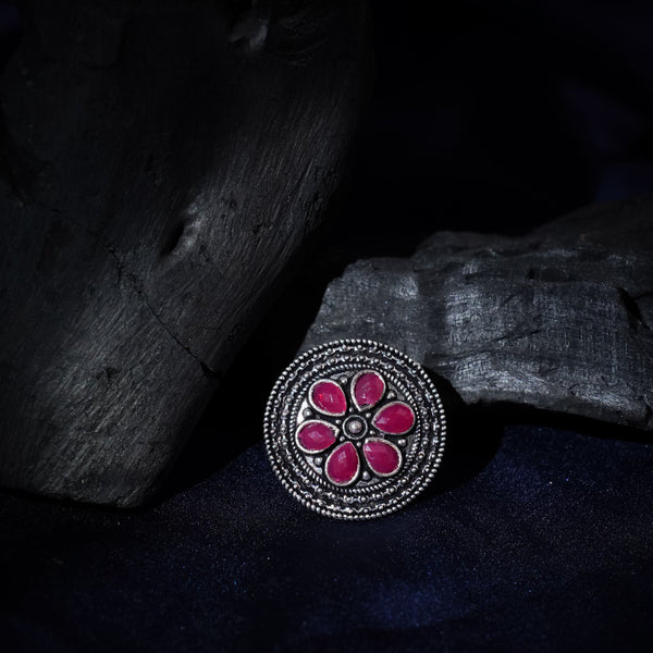 Baby Pink Stone Studded Brass Adjustable Ring