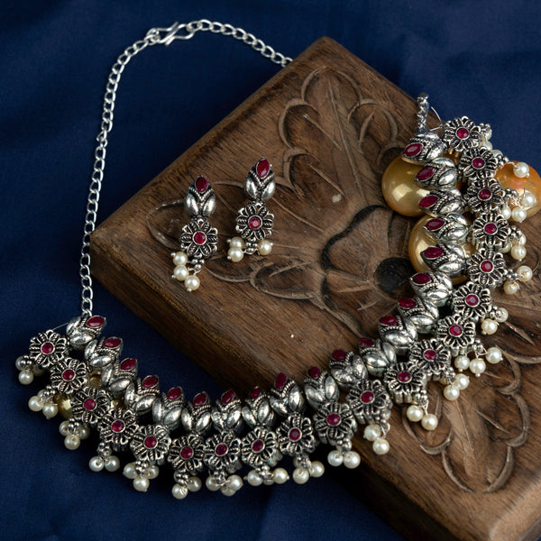 Red Stone studded German Silver Neckpiece set