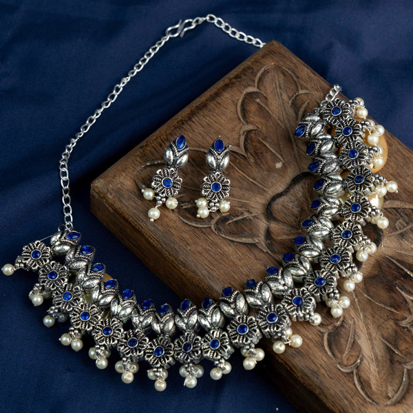 Blue Stone studded German Silver Neckpiece set