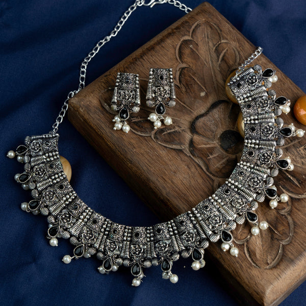 Black Stone studded German Silver Neckpiece set