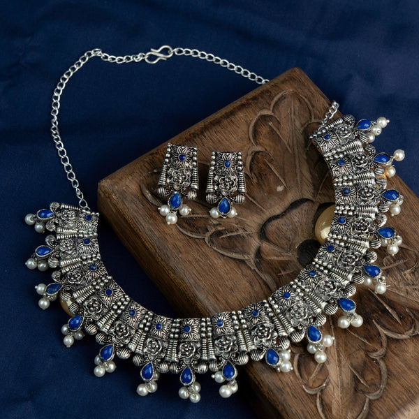 Blue Stone studded German Silver Neckpiece set