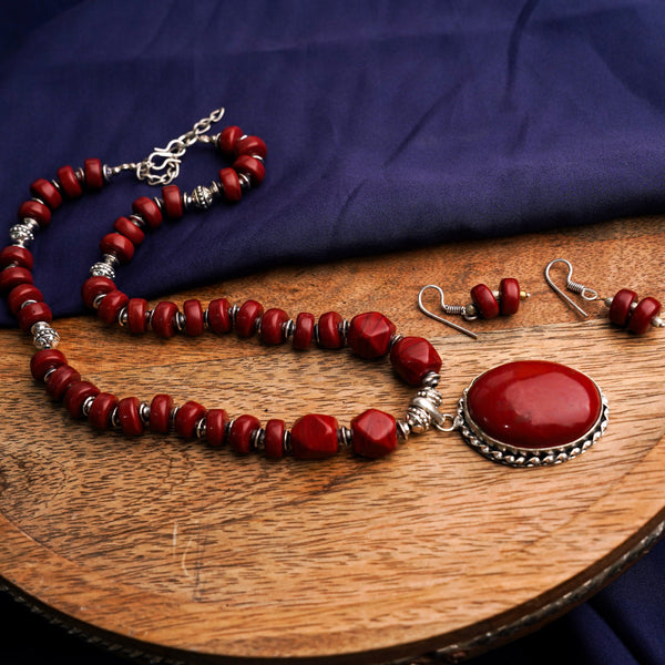 Red Stone Studded Long Necpiece Set