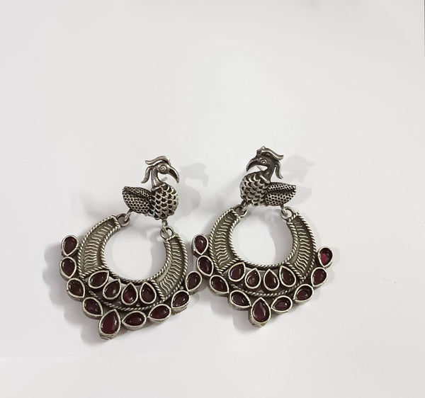 Red Stone Studded Peacock Brass Danglers