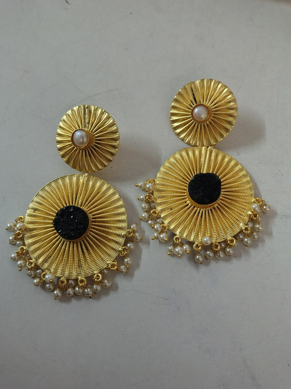 Natural Stone Studded Brass matt finished Statement Danglers