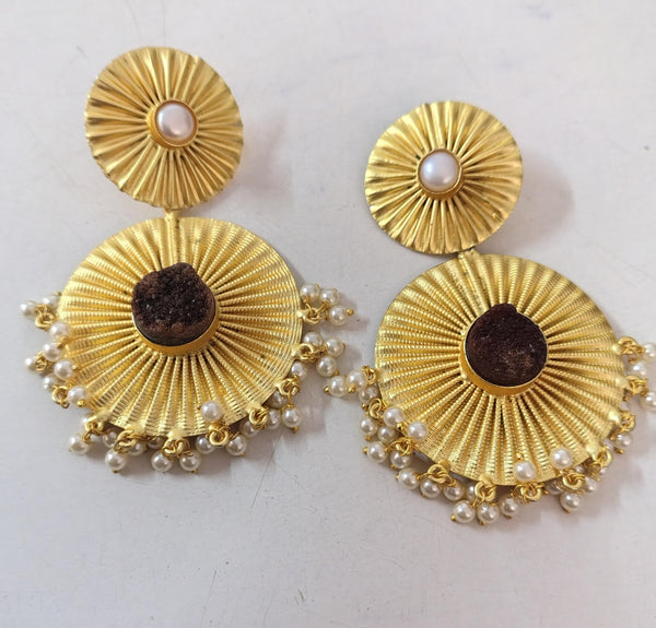 Natural Stone Studded Brass matt finished Statement Danglers