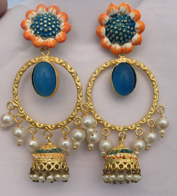 Orange And Sky Blue Matte Finished Hanging Earring